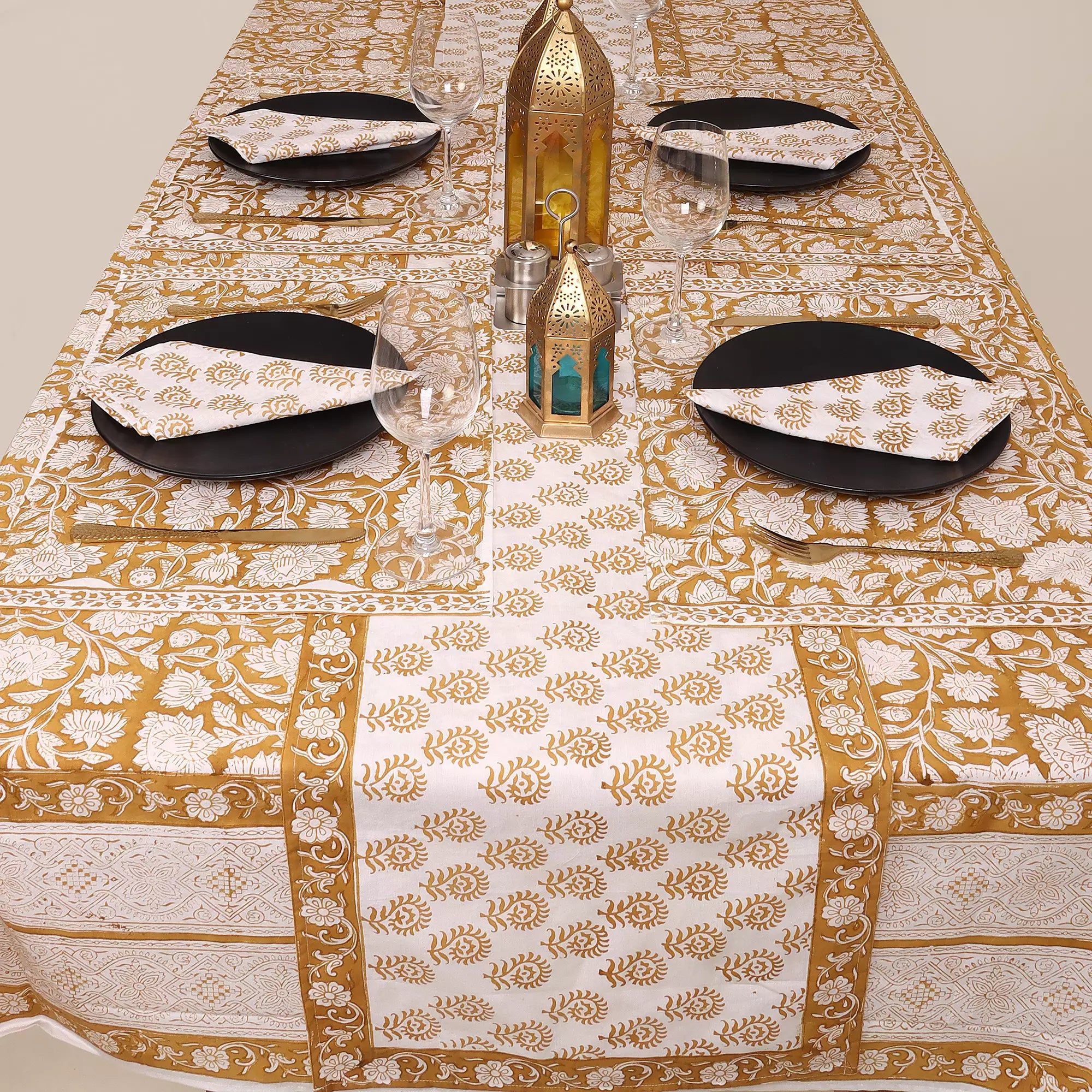 Traditional Hand Block Brown Floral Print Pure Cotton Table Cover